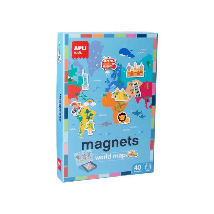 Apli Juego Magnetico Mapamundi - 1 Escenario Imantado 36 x 38 cm - 40 Fichas con Dibujos de Monumentos y Animales