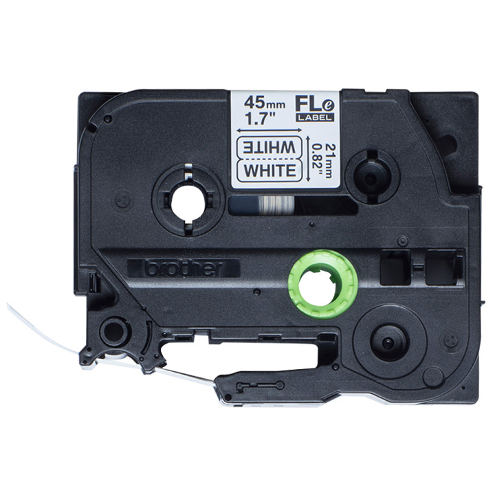 BROTHER Cinta de etiquetas modo bandera. Texto negro sobre fondo blanco.