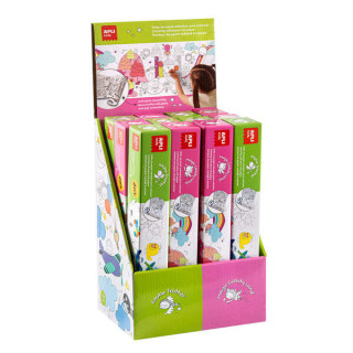 Apli Expositor de Rollos de Papel Adhesivo para Pegar y Colorear - Tamaño 30Cmx4M - 12 Rollos con Diseños de Transportes y Ca
