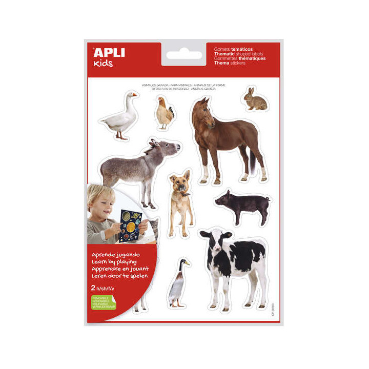 Apli Bolsa de Gomets Tematicos Realistas Animales de la Granja - 24 Gomets - Adhesivo Removible - Desarrollo de Habilidades Mot