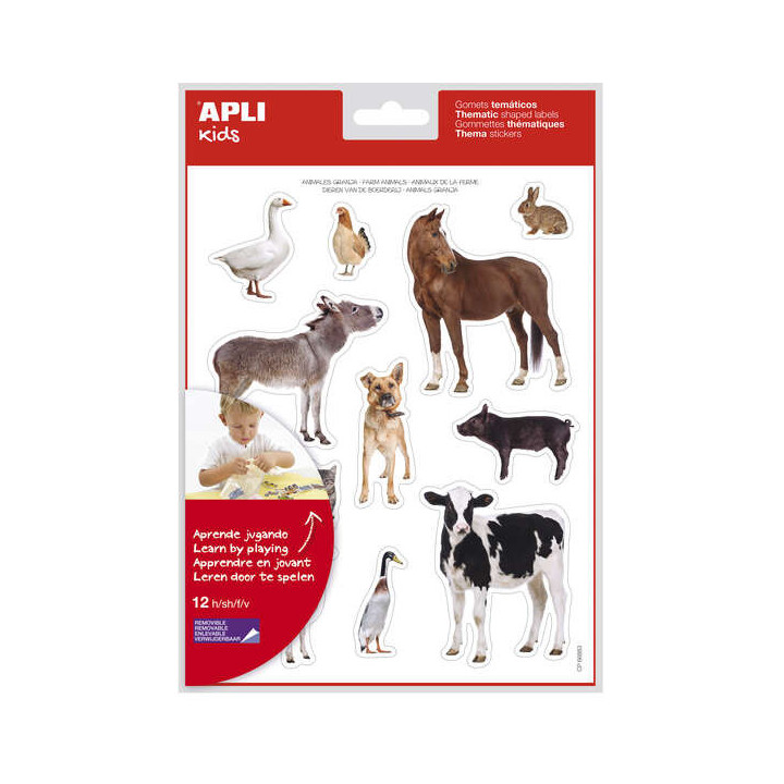 Apli Gomets Tematicos Realistas Animales de la Granja - 144 Gomets en 12 Hojas - Adhesivo Removible - Ideal para Desarrollar Ha