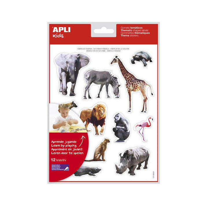 Apli Gomets Tematicos Realistas Animales Sabana - 144 Gomets - Adhesivo Removible - Ideal para Desarrollar Habilidades Motoras