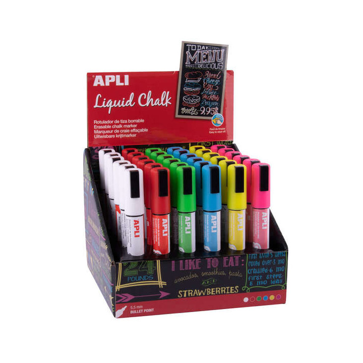Apli Rotuladores de Tiza Liquida - Punta Redonda de 5.5mm - Colores Surtidos para Pizarras