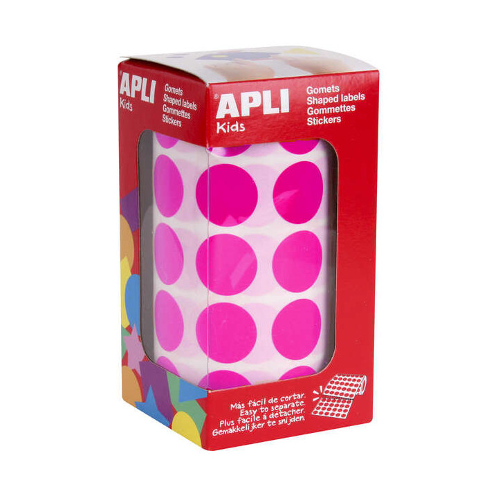 Apli Gomets Redondos Fucsia Ø 20mm - 59 Hojas Pretroqueladas - 1770 Gomets por Rollo - Ideal para Escuelas y Talleres Infantil