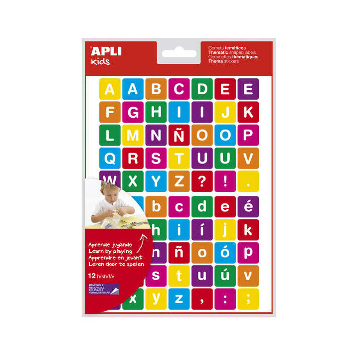 Apli Gomets Tematicos Letras - 12 Hojas (840 Gomets) - Adhesivo Removible - Ideal para Aprendizaje de Lectura y Escritura - Adh