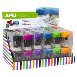 Apli Expositor de Grapadoras Office - Tamaño de Grapas Nº22/6-24/6 - 12 Unidades en Colores Surtidos - Incluye 2000 Grapas po