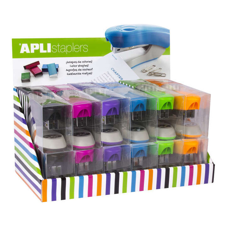 Apli Expositor de Grapadoras Office - Tamaño de Grapas Nº22/6-24/6 - 12 Unidades en Colores Surtidos - Incluye 2000 Grapas po