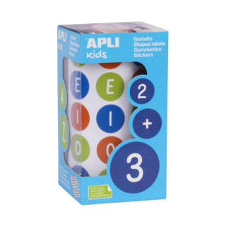 Apli Rollo de Gomets Redondos con Vocales - Adhesivo Removible - 900 Gomets - Adhesivo Base Agua - Libre de Disolventes - Color