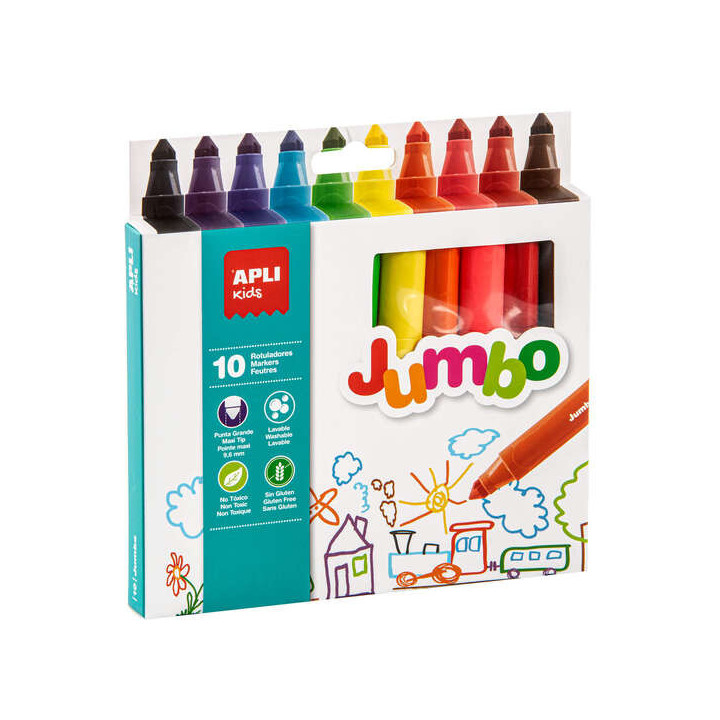 Apli Kids Rotuladores Jumbo Triangulares - Ø 16.7x140 mm - Punta Maxi Bloqueada de Ø 9.6 mm - Colores Surtidos - Lavables y N