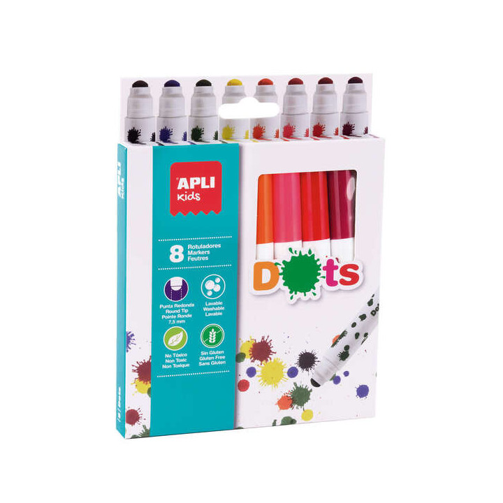 Apli Kids Dots Pack de 8 Rotuladores Punta Redonda Bloqueada de Ø 7.5mm - Facilmente Lavables - Capuchon Anti Asfixia- Colores