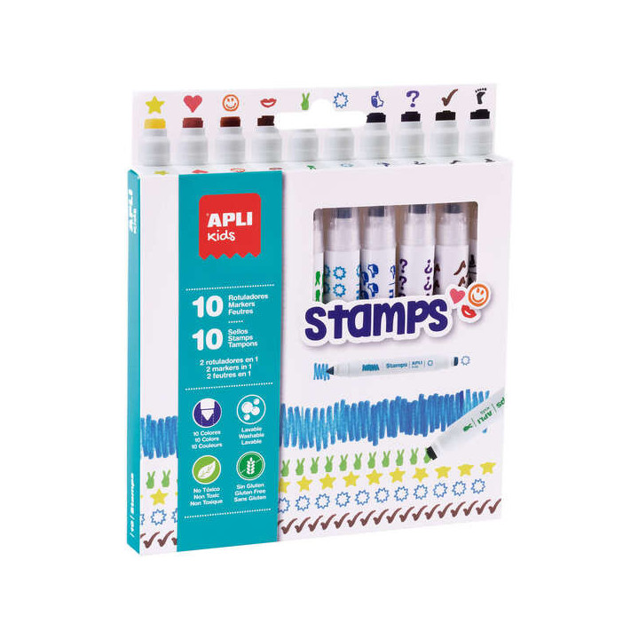 Apli Kids Stamps Pack de 10 Rotuladores con Doble Punta Sello y Rotulador - 10 Colores/Sellos Diferentes - Puntas Bloqueadas de