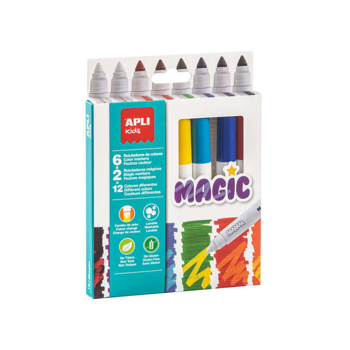 Apli Kids Rotuladores Magic - Ø 14.4x137 mm - Cambio de Color con 2 Blancos - Cuerpo Cilindrico y Punta Redonda Bloqueada de ?