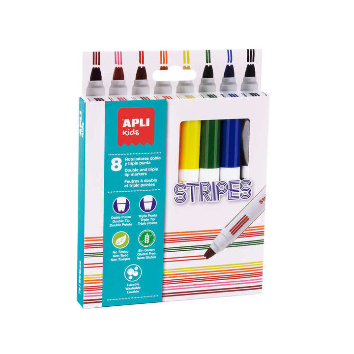 Apli Stripes Pack de 8 Rotuladores - Ø 14.4x137 mm - Doble O Triple Punta Redonda Bloqueada - Lavables