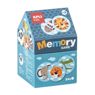 Apli Juego de Memoria Infantil - 24 Piezas Ø 8 cm - Dibujos de Animales Divertidos - Caja en Forma de Casita - Resistentes y S
