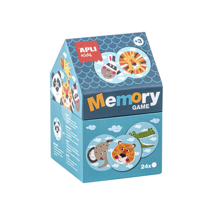 Apli Juego de Memoria Infantil - 24 Piezas Ø 8 cm - Dibujos de Animales Divertidos - Caja en Forma de Casita - Resistentes y S
