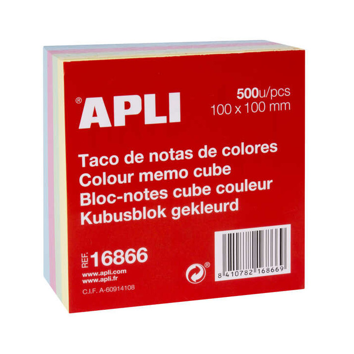 Apli Taco de 500 Notas 100x100mm - Ideal para Notas y Recordatorios - Practico Tamaño - Colores Pastel