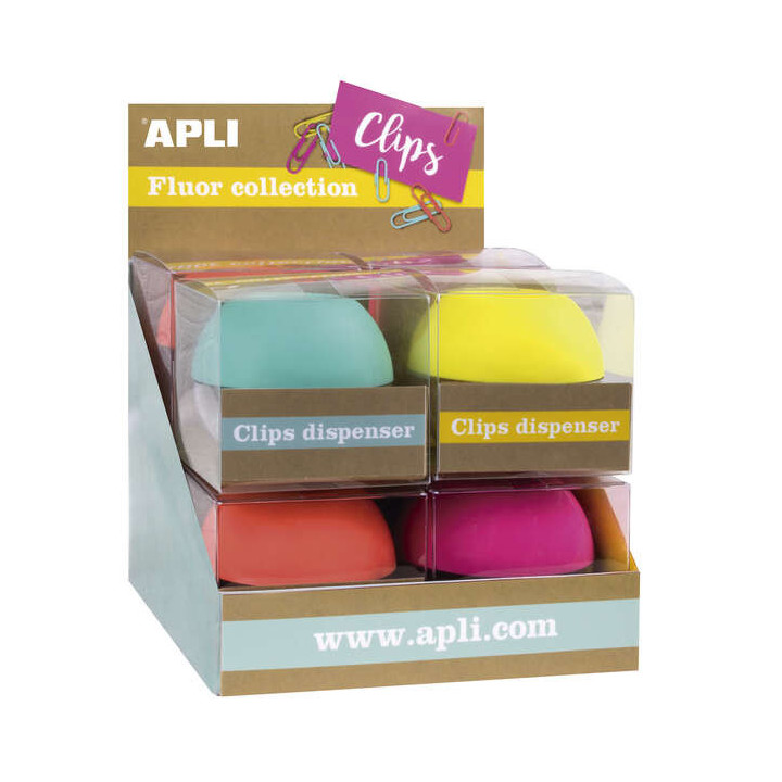 Apli Fluor Collection Expositor de Clips - Ø 70x60 mm - 8 Dispensadores en 4 Colores - Tapa Magnetica "Soft Touch" - Incluye 5