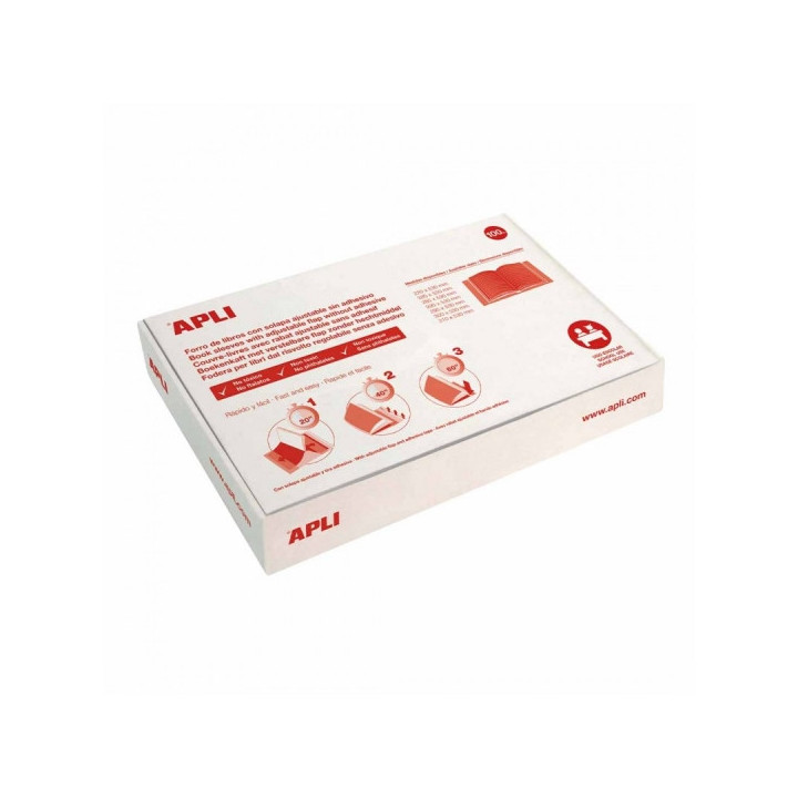Apli Caja de 100 Forros para Libros 285mm PVC 130 micras - Solapa Autoajustable - Facil Forrado en 3 Pasos - Transparente