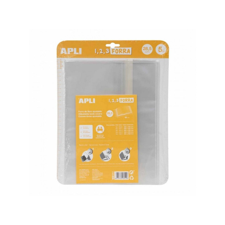 Apli Pack de 5 Forros para Libros 285mm de Polipropileno 75 micras - Solapa Autoajustable - Facil Forrado en 3 Pasos - Sin Nece