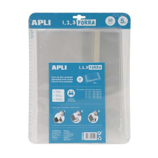 Apli Pack de 5 Forros para Libros 300mm de Polipropileno 75 micras - Solapa Autoajustable - Facil Forrado en 3 Pasos - Sin Nece