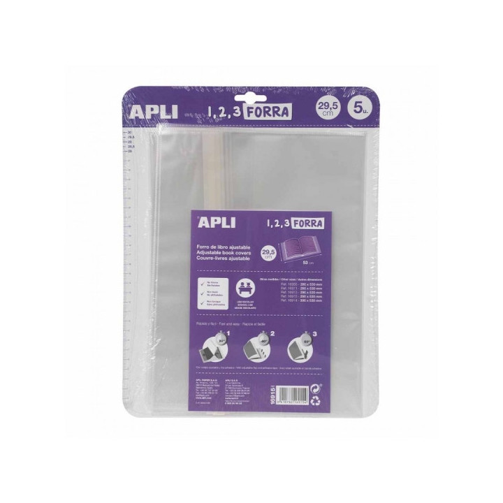 Apli Pack de 5 Forros para Libros 295mm de Polipropileno 75 micras - Solapa Autoajustable - Facil Forrado en 3 Pasos - Sin Nece