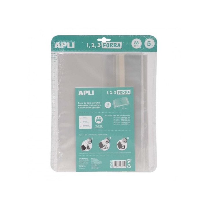 Apli Pack de 5 Forros para Libros 280mm de Polipropileno 75 micras - Solapa Autoajustable - Facil Forrado en 3 Pasos - Sin Nece