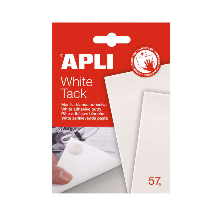 Apli Tack Masilla Blanca 57g - Adhesivo Reutilizable - No Deja Residuos - Facil de Moldear - Blanco