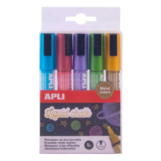 Apli Pack de 5 Rotuladores de Tiza Liquida Metalizados - Punta Redonda de 5.5mm - Facil de Borrar - Secado Rapido - Base Agua L