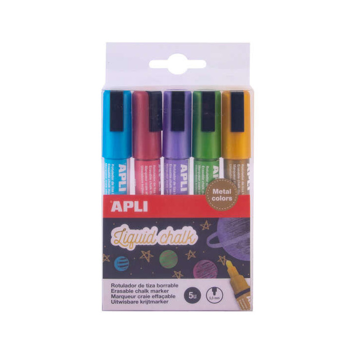 Apli Pack de 5 Rotuladores de Tiza Liquida Metalizados - Punta Redonda de 5.5mm - Facil de Borrar - Secado Rapido - Base Agua L