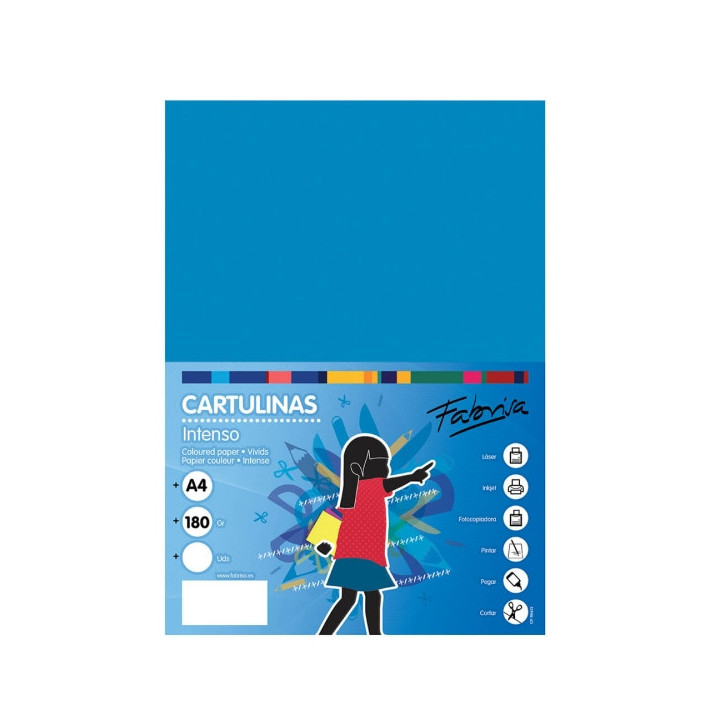 Fabrisa Pack de 50 Cartulinas 180 g/m² - Tamaño A4 - Color Azul Medio