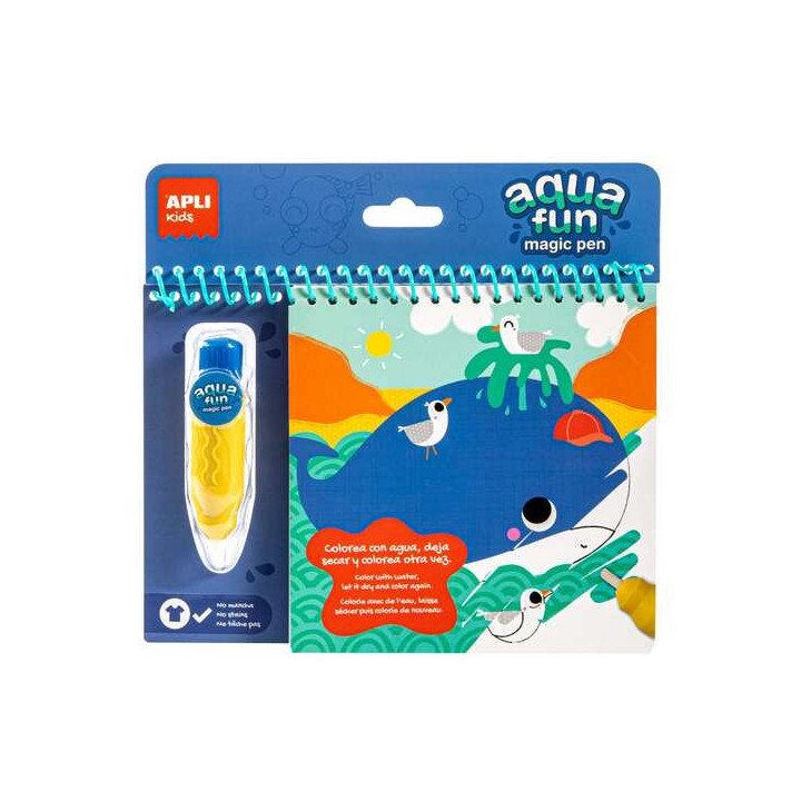 Apli Bloc Pinta y Colorea con Agua Marino - Block con 6 Laminas de Dibujo - Pincel Recargable con Agua - Colorea Una y Otra Vez