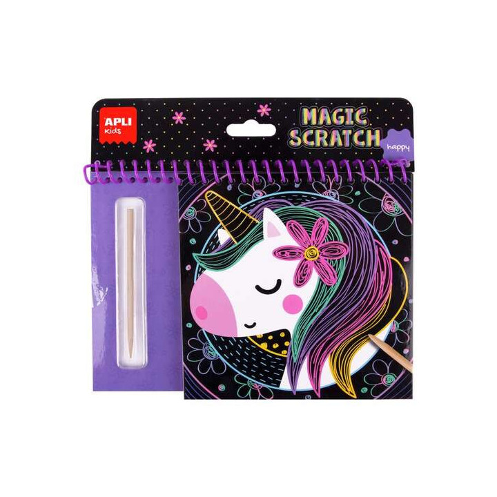 Apli Bloc Magic Scratch Happy - 8 Laminas para Rascar - Palito Rascador de Madera - Ilustracion con Imagen de Muestra