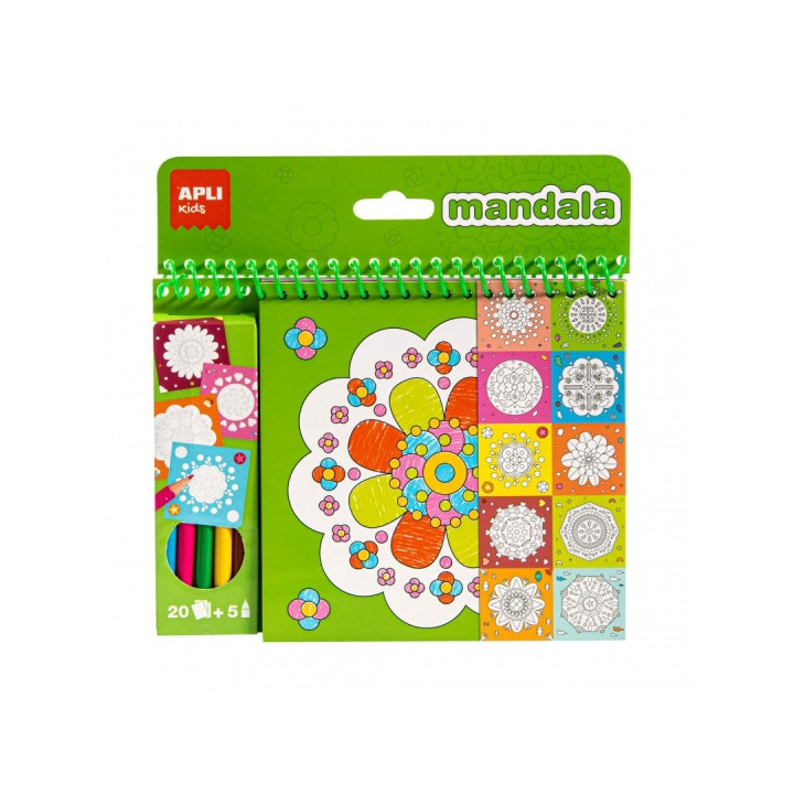 Apli Bloc de Dibujos con Mandalas y Lapices de Colores - 20 Paginas - 5 Lapices - Ideal para Viajes - Estimula Creatividad y Co