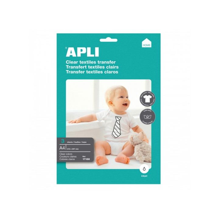 Apli Pack de 3 Hojas de Papel Transfer para Impresoras Inkjet - Ideal para Prendas Blancas y 100% Algodon - Facil Aplicacion y