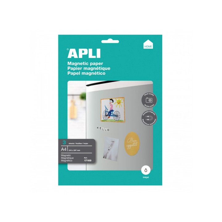Apli Pack de 3 Hojas de Papel Magnetico A4 - 650gr - Apto para Impresoras Inkjet - Facil de Usar - Ideal para Imagenes Personal