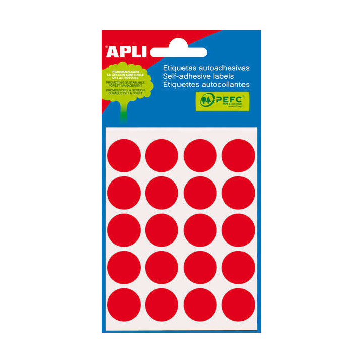 Apli Minibolsa de 100 Etiquetas Redondas Ø 19mm - 5 Hojas por 20 Etiquetas - Adhesivo Permanente - Aptas para Escritura con La