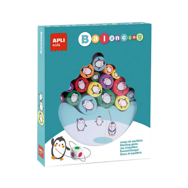Apli Juego de Equilibrio de Pingüinos - 16 Piezas de Madera de Alta Calidad - Base en Forma de Iceberg - Dado con Colores - 3