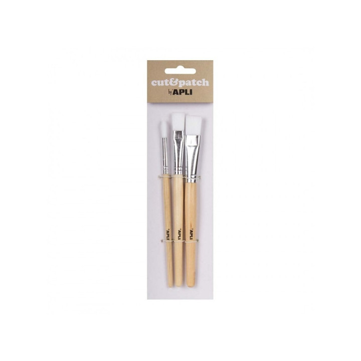 Apli Pack de 3 de Pinceles de Madera para Manualidades - Cerdas de Nylon - Puntas Redonda y Plana - Ideal para Papeles Cut&Patc