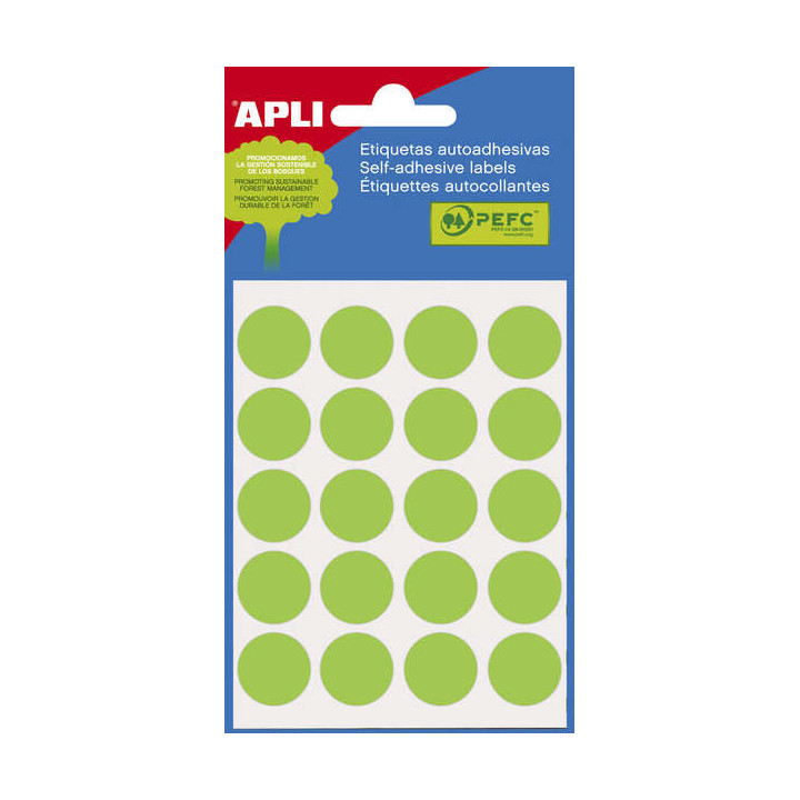 Apli Minibolsa de 100 Etiquetas Redondas Ø 19mm - 5 Hojas por 20 Etiquetas - Adhesivo Permanente - Aptas para Escritura con La