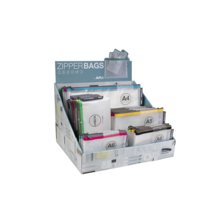 Apli Expositor de Zipper Bags - 80 Unidades en 4 Medidas Surtidas - 5 Colores Resistentes - Goma Eva Transparente de Alta Calid