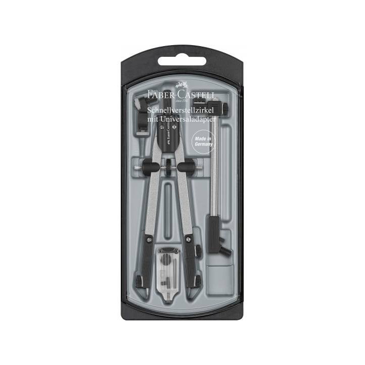 Faber-Castell Compas de Ajuste Rapido con Alargadera - Articulaciones en ambos Brazos - Accesorios de Recambio - Adaptador Univ