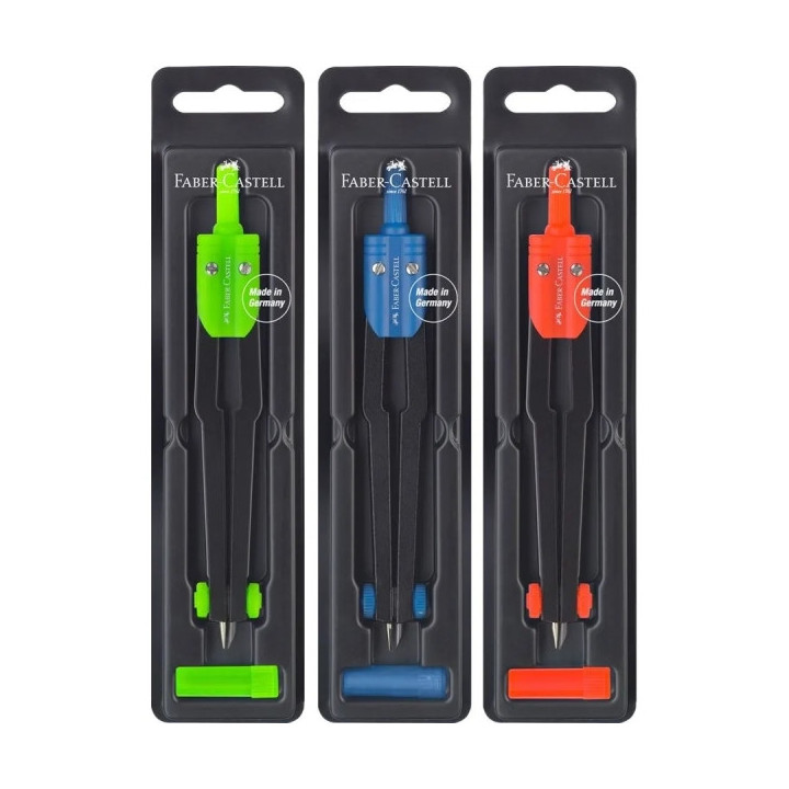 Faber-Castell Compas Escolar - Circunferencias de hasta Ø 360mm - Incluye Bote de Minas - Colores Surtidos