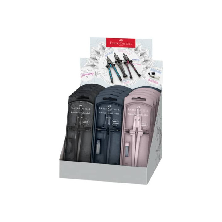 Faber-Castell Stream 2025 Expositor con 15 Compases Escolares de Ajuste Rapido - Circunferencias de hasta Ø 340mm - Incluye Bo