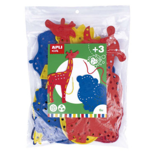 Apli Juego de Cosedores Animales - Formato Maxi - 6 Animales de Plastico con Agujeros - 18 Cuerdas de Colores - Desarrolla Psic