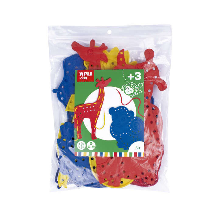 Apli Juego de Cosedores Animales - Formato Maxi - 6 Animales de Plastico con Agujeros - 18 Cuerdas de Colores - Desarrolla Psic