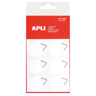 Apli Pack de 12 Colgadores Autoadhesivos Redondos Ø 30mm - Triangulo Metalico de Soporte - Base Adhesiva Blanca - Gran Resiste