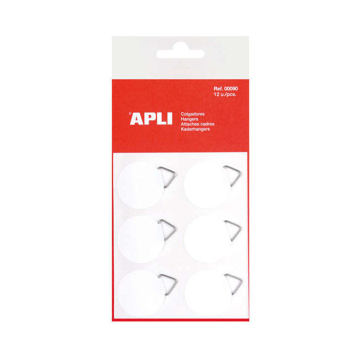 Apli Pack de 12 Colgadores Autoadhesivos Redondos Ø 30mm - Triangulo Metalico de Soporte - Base Adhesiva Blanca - Gran Resiste