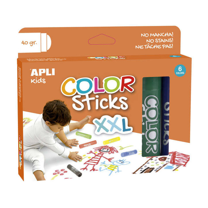 Apli Color Sticks xxl Temperas Solidas - Pack 6 Unidades de 40g - Tamaño xxl para Murales - Acabado Satinado sin Necesidad de