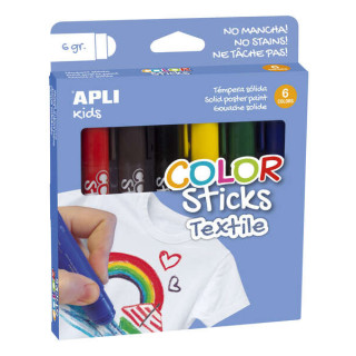 Apli Color Sticks Textil Pack de 6 Temperas Solidas 6gr para Uso en Textil - Secado al Aire en 12 Horas - Sin Disolventes - Par