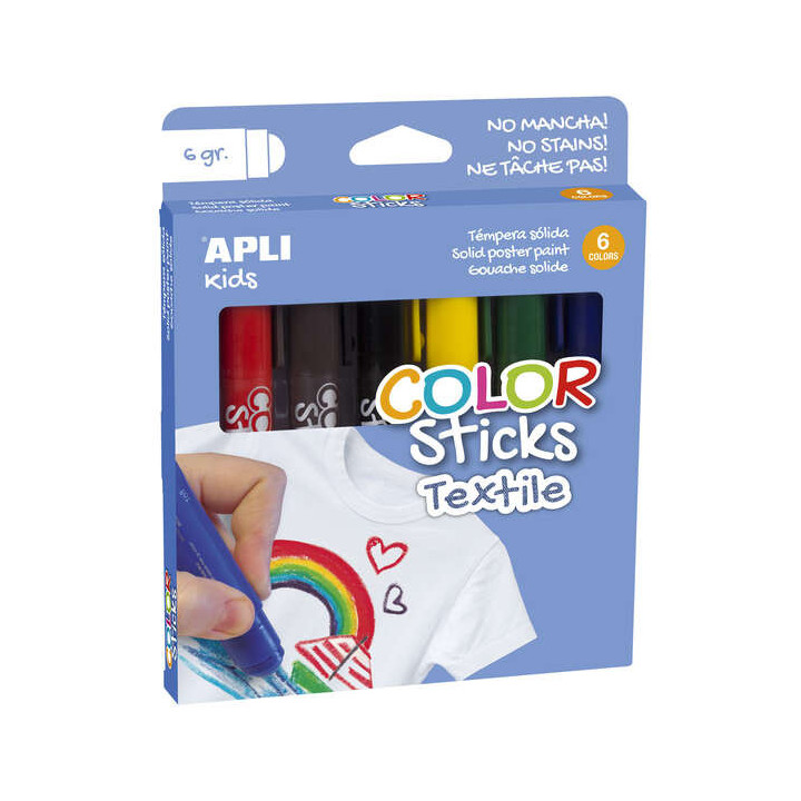 Apli Color Sticks Textil Pack de 6 Temperas Solidas 6gr para Uso en Textil - Secado al Aire en 12 Horas - Sin Disolventes - Par